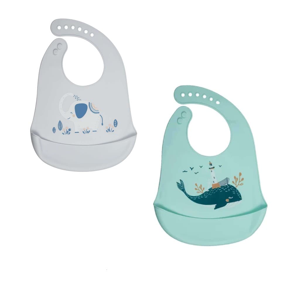 Kit 2 Babadores de Silicone Bebê KaBaby Baleia + Elefante com Bolso Cata-Migalhas e Fecho Ajustável