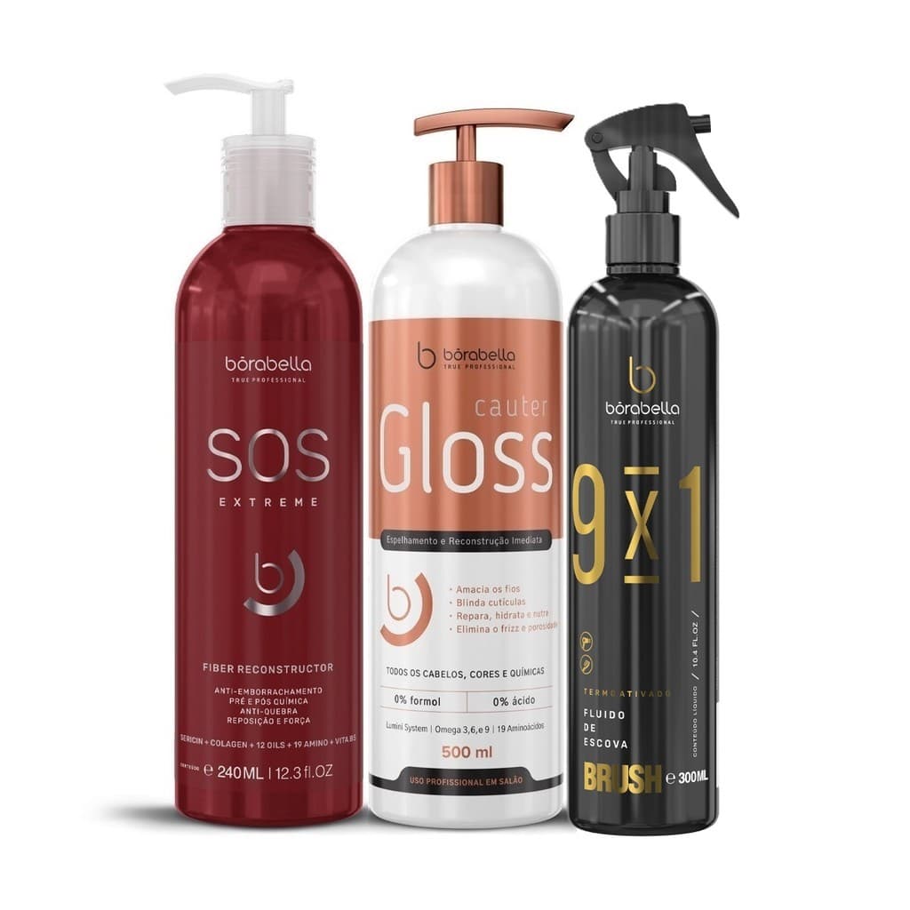 Kit Sos Extreme Antiemborrachamento + Cautergloss Reconstrução Imediata + Fluido Brush 9x1 Borabella