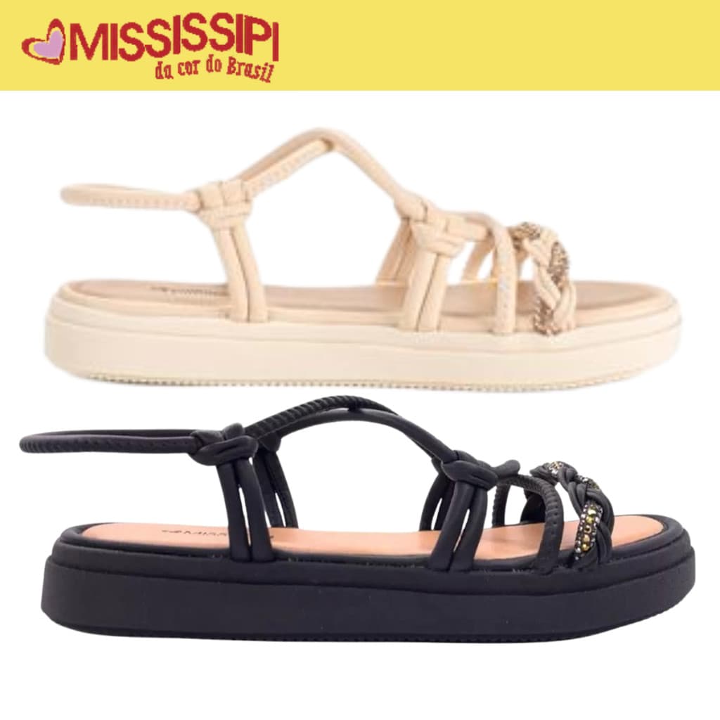 Sandália Papete Feminina Rasteira Mississipi Flatform Trançado Bege e Preto