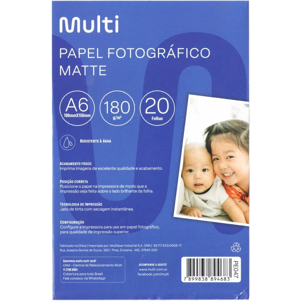 Papel Fotográfico Matte 10X15Cm 180G 20 Folhas Multilaser Pe047