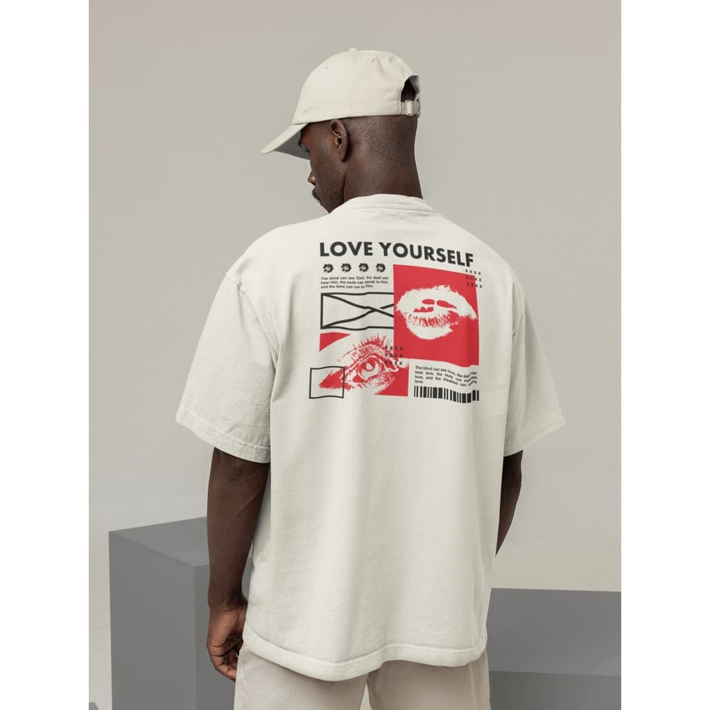 Camisa Camiseta Oversize Streetwear Masculino e Feminino Treino e Dia a Dia Preto e Off Whte Estampado LOVE YOURSELF