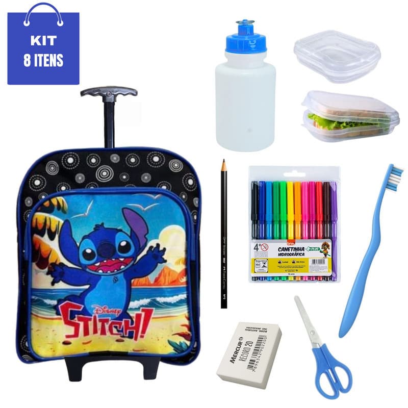 Mochila Stitch Kit Material Escolar Completo Canetinha Tesoura Lancheira Garrafa