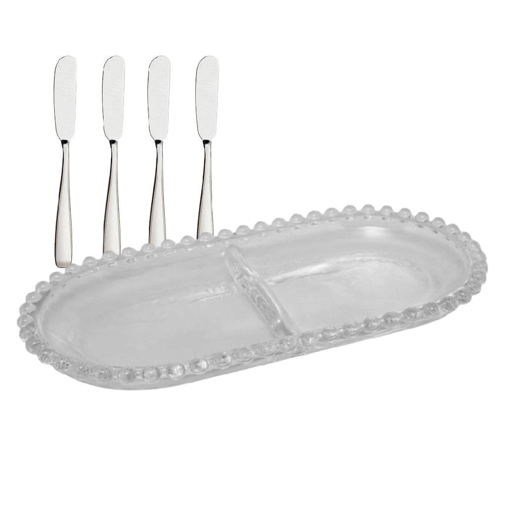 Petisqueira Oval Cristal Divisória Pearl 24cm Espátulas Inox