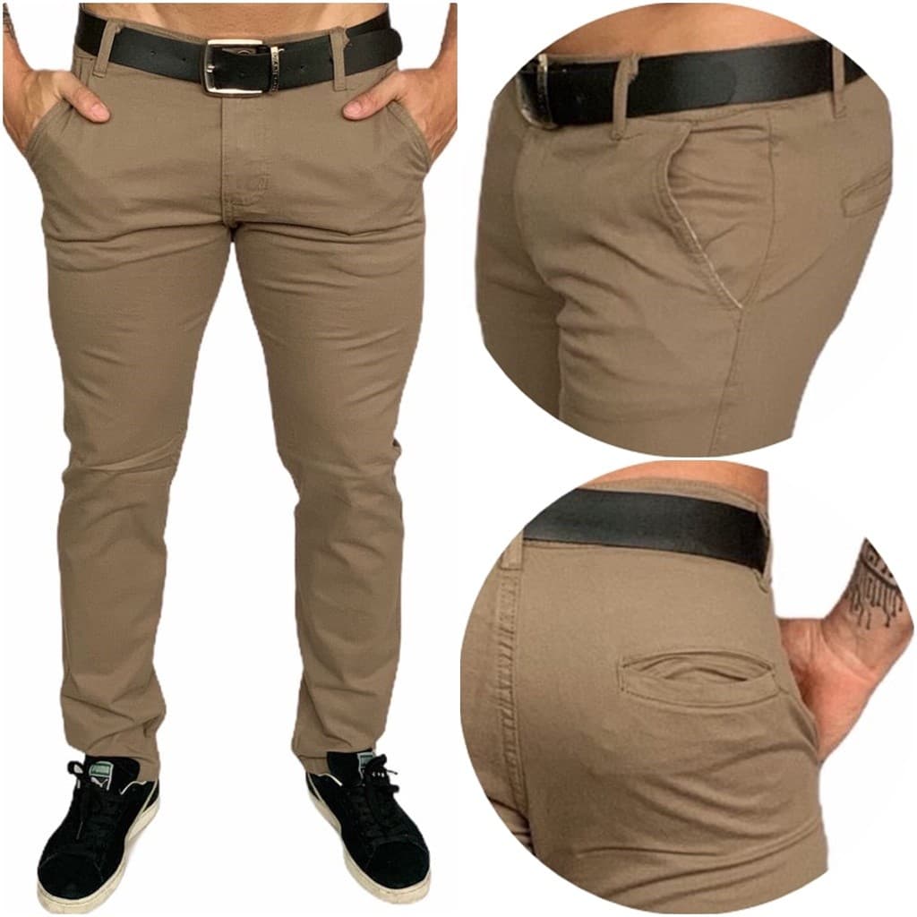 Calça Chino Slim Sarja Masculina Bege nova coleção 2025