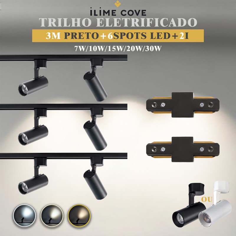 Luxuoso Spot LED Trilho Eletrificado Kit 3M Preto+6 Spots 2- Tipo I Cor Preto Branco Bivolt 7W A 30W