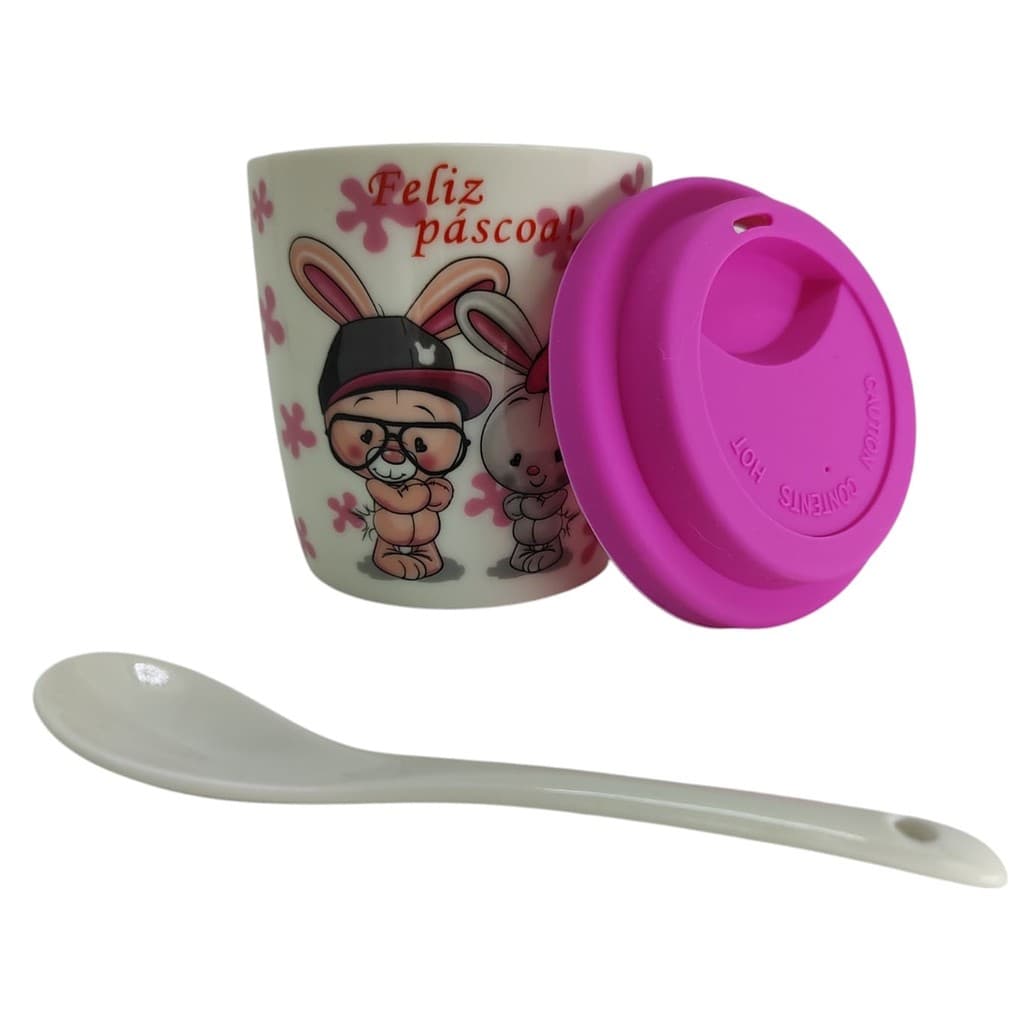 Caneca Páscoa 10cm com Tampa de Silicone 300ml  Decoração