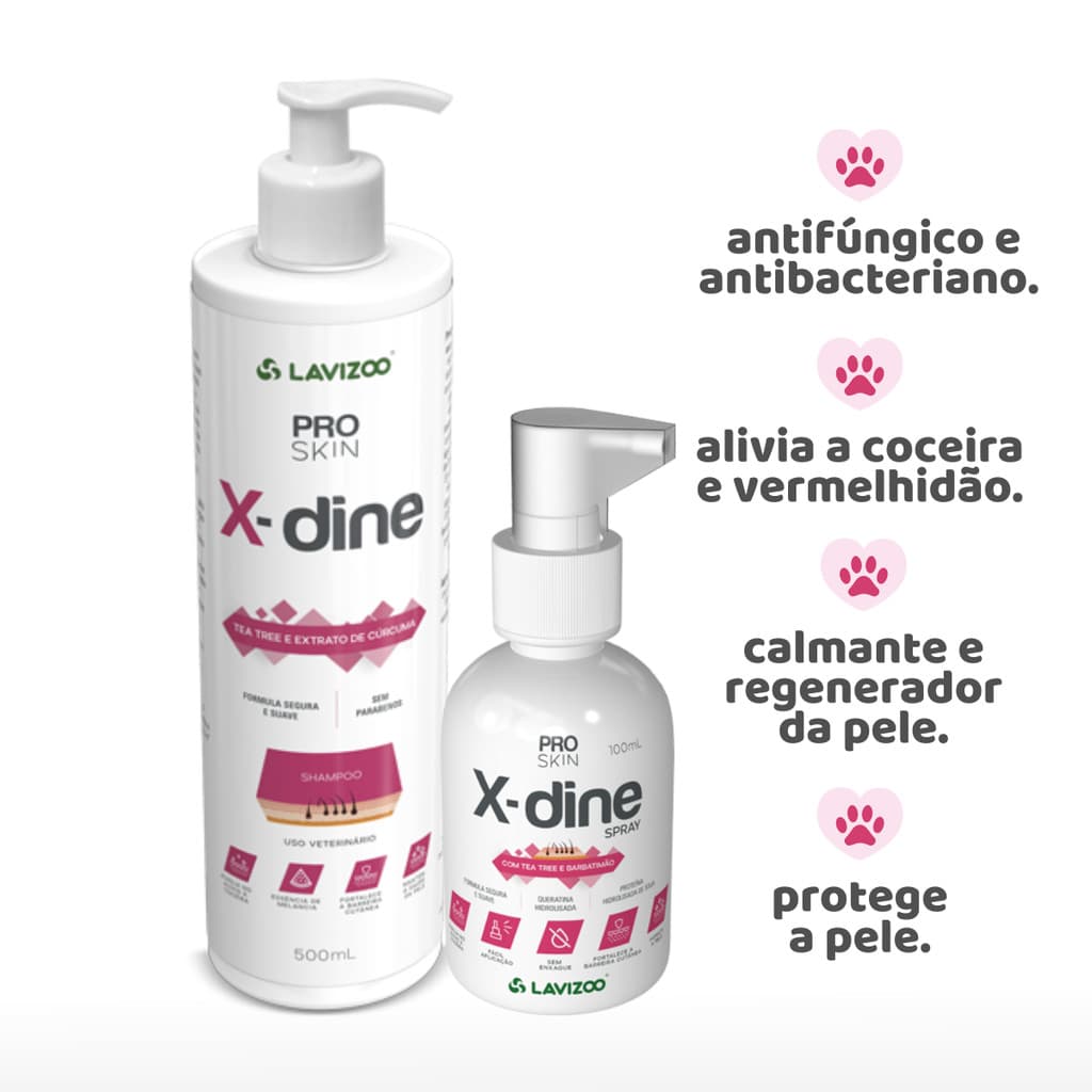 Kit Antifúngico Cães e Gatos X-Dine Shampoo + Spray Clorexidina