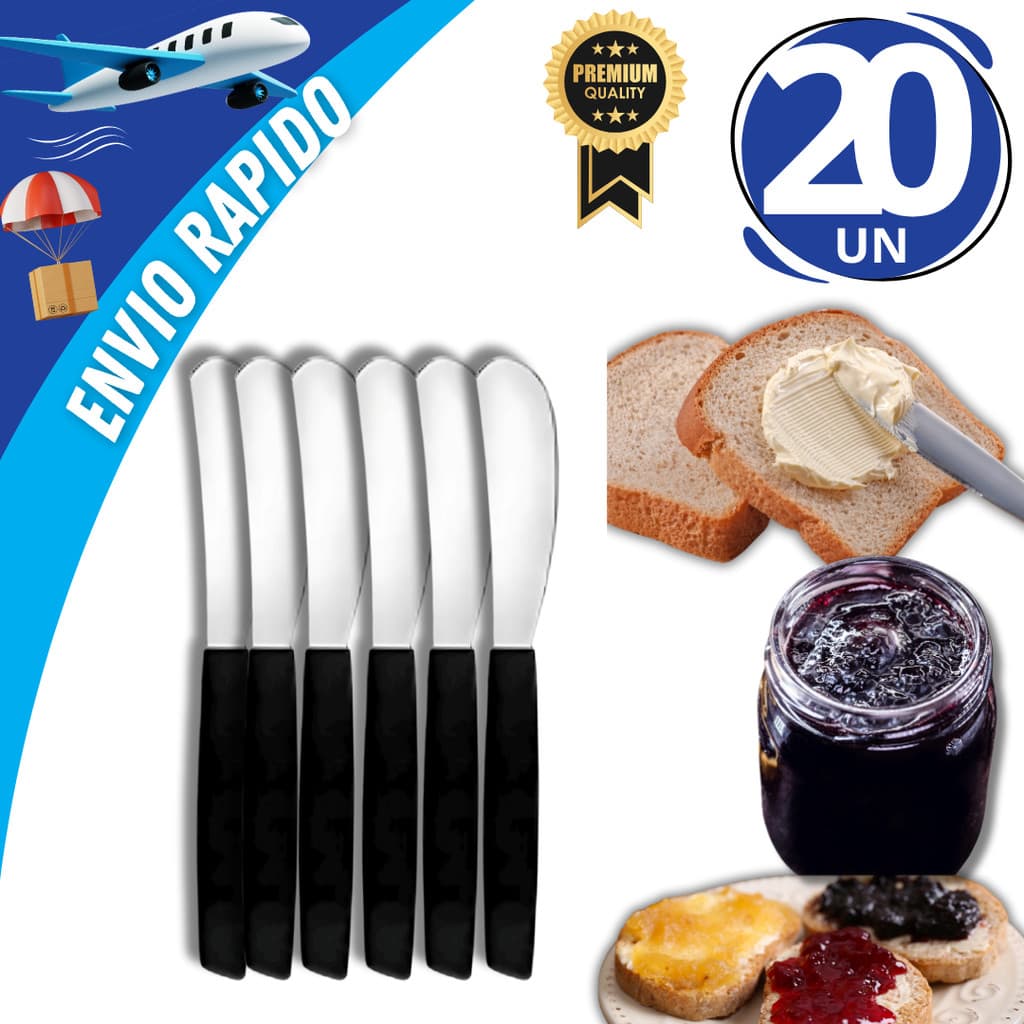 Kit com 20 Espátulas de Inox com Cabo Plástico Ideal para Manteiga, Geleias, Doces e Muito Mais