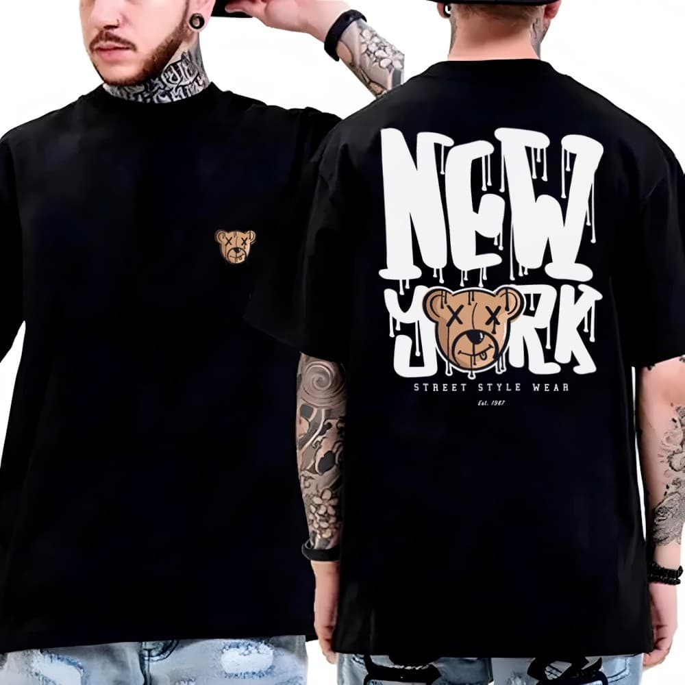 Camiseta Oversized Premium Larga Streetwear New York Bear Algodão Masculina Gola Redonda