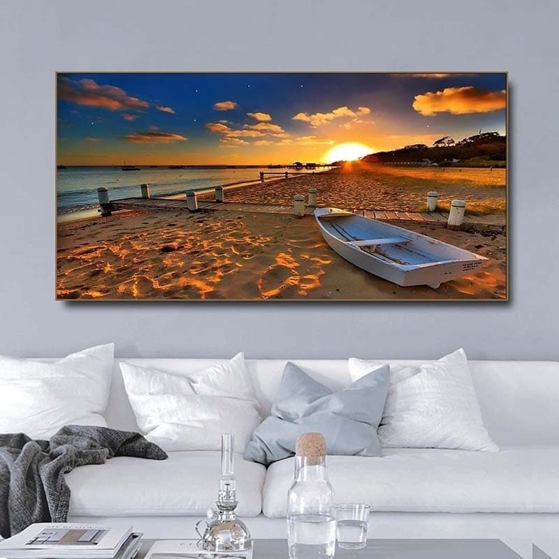 Quadro decorativo paisagem por do sol barco decoração para casa sala quarto