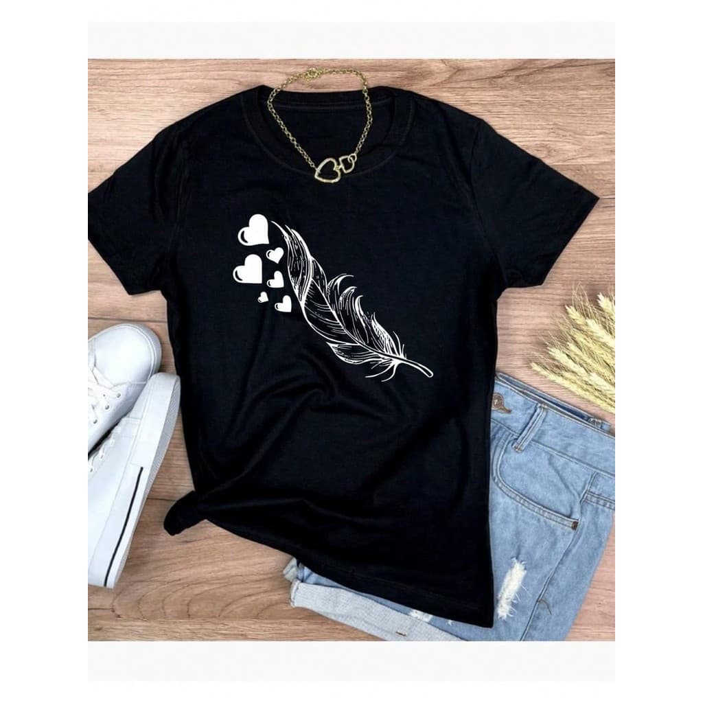 Camiseta T-Shirt blusa feminina estampa de penas 100% Algodão