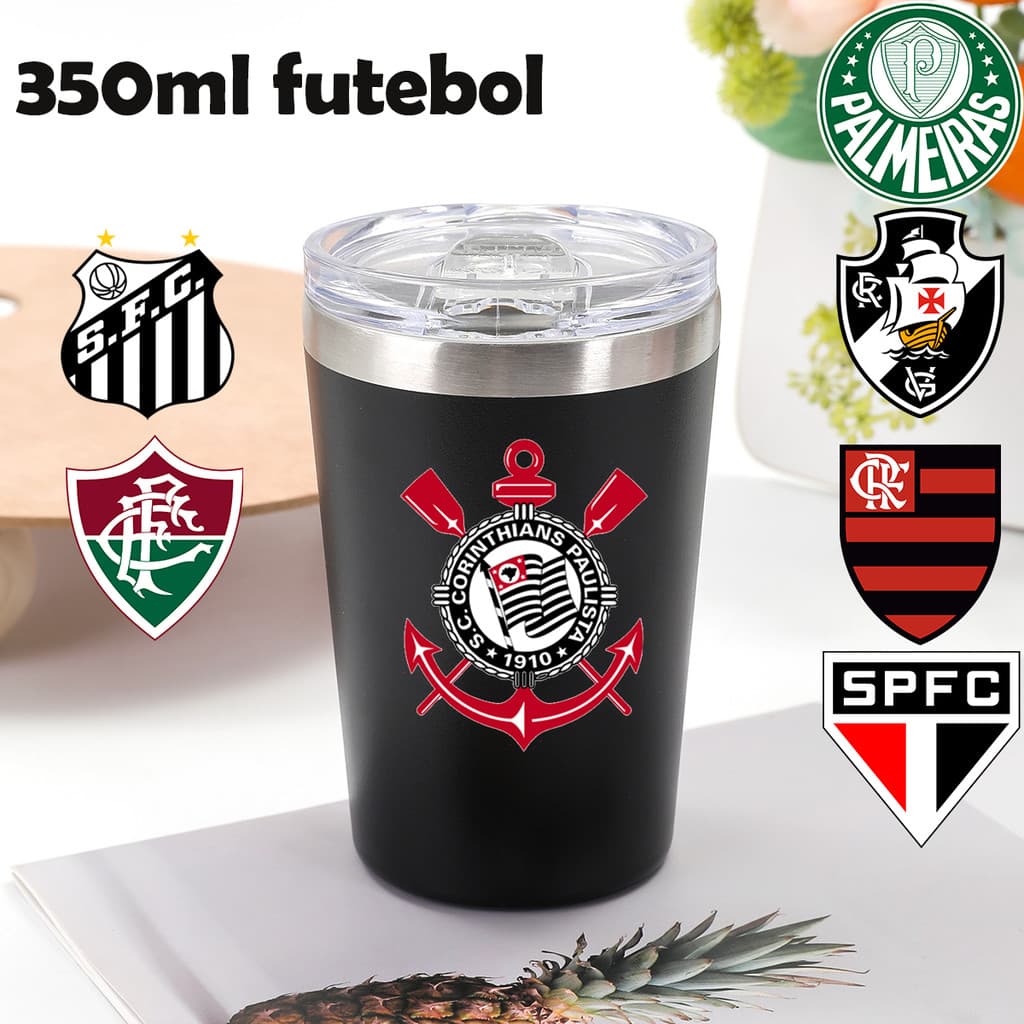 Copo futebol times Aço Inox térmico com tampa Acrílico 350ML