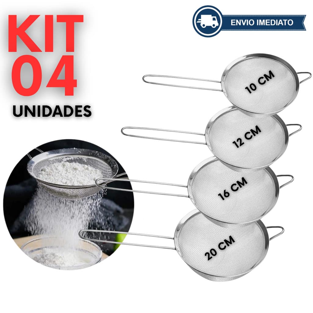 KIT 4 Peneira Coador de Aço Inox 20cm 16cm 12cm 10 cm para Cozinha Casa Restaurante.