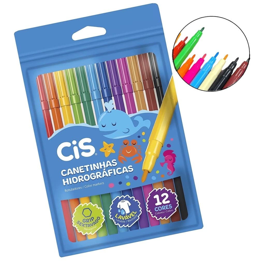 Canetinha Hidrográfica CIS 12 Cores Sextavado Ponta Resistente 0.8mm Tinta Lavável