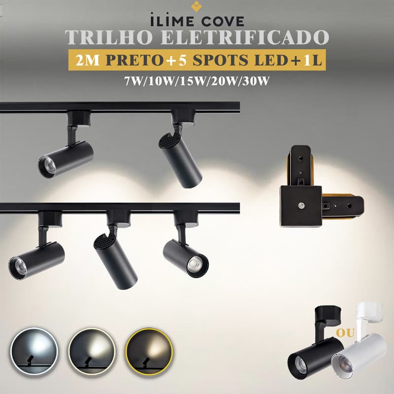 Luxuoso Spot LED Trilho Eletrificado Kit 2M Preto+5 Spots um Tipo L Cor Preto Branco Bivolt 7W a 30W