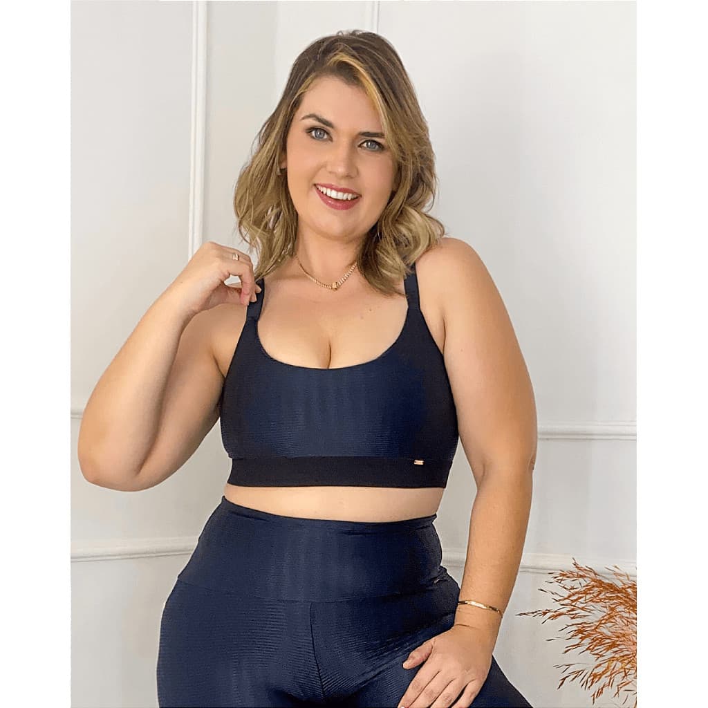 Top Fitness Sustentação Clara Preto Brilhoso Plus Size