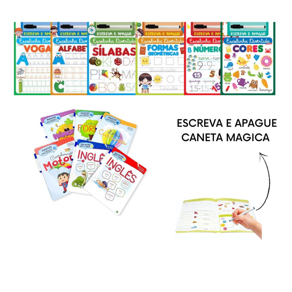 Kit4 Livro Magica Coleção Escreva e Apague Com 10 Canetas