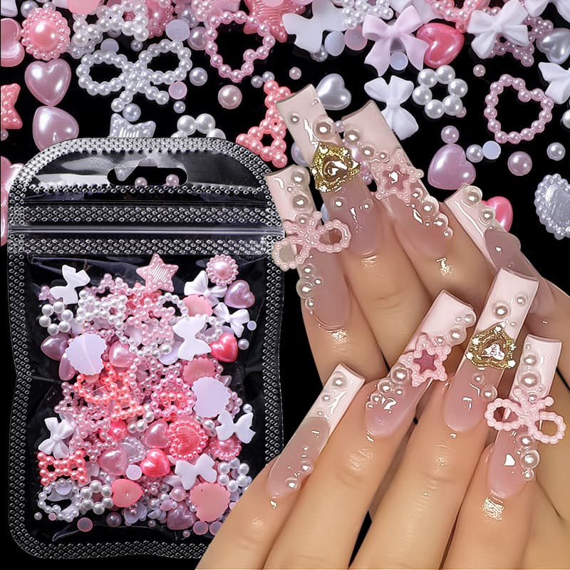 Rosa Branco Resina Oco Pérola 3D Prego Charme Acrílico Amor Coração Bowknot Pentagrama Acessórios Para Unhas