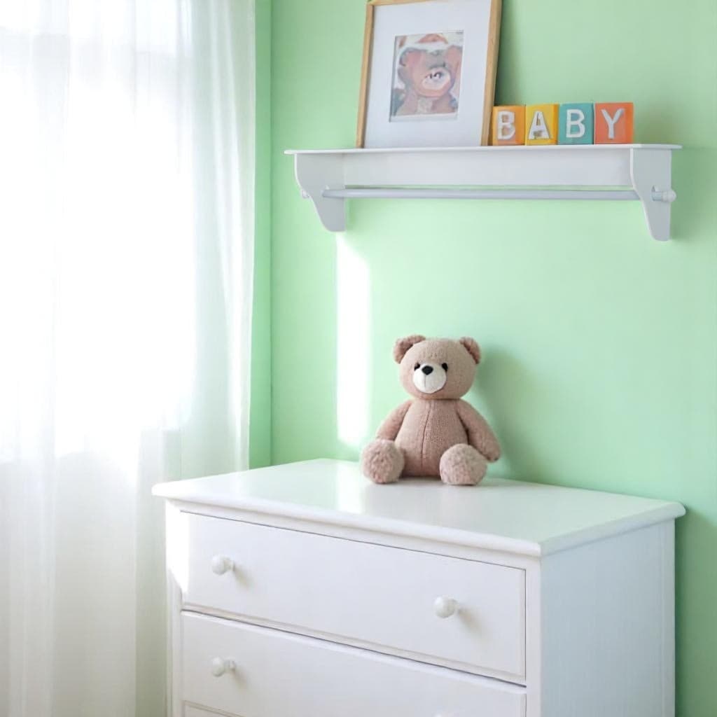 Prateleira Porta Fraldas MDF Branco 1m C/ Varão Bebê P/ Quarto Organização Roupinhas e Decoração