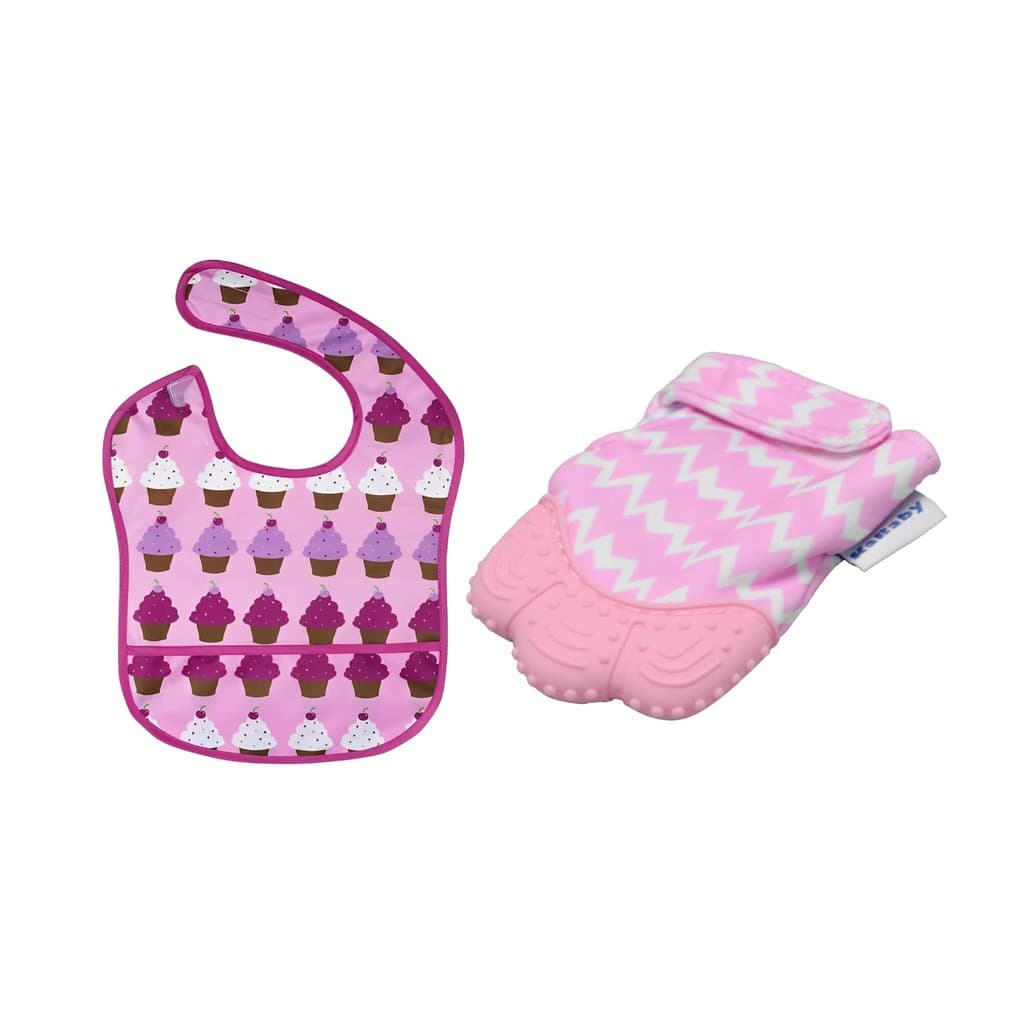 Kit Kababy Babador Impermeável Rosa Cupcake + Mordedor Luvinha Rosa c/ Silicone Introdução Alimentar