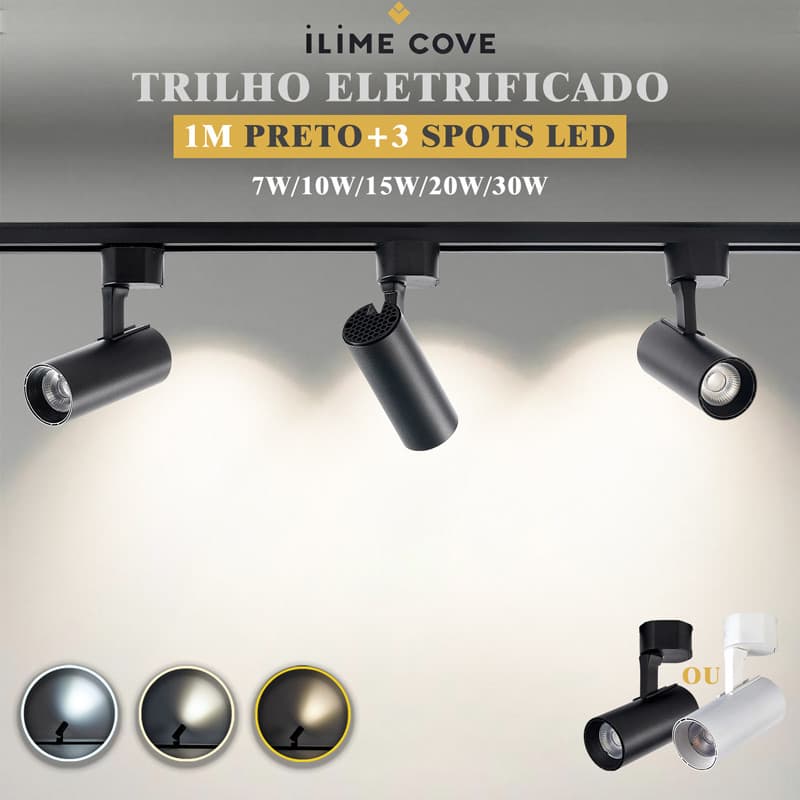 Luxuoso Spot LED Trilho Eletrificado Kit 1M Preto+3 Spots Led Cor Preto Branco bivolt 7W a 30W
