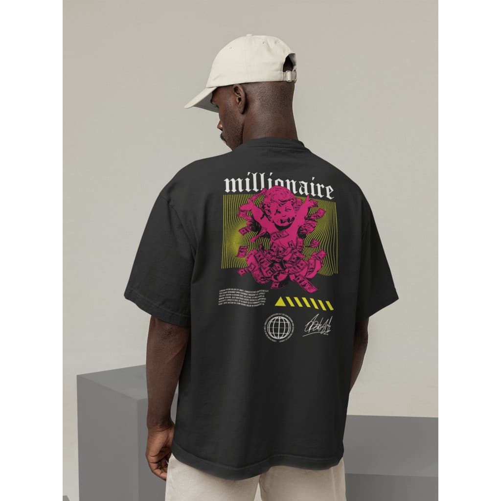 Camiseta Oversize Streetwear Masculino e Feminino 100% Algodão Treino e Dia a Dia Preto e Off Whte Estampado Millionaire