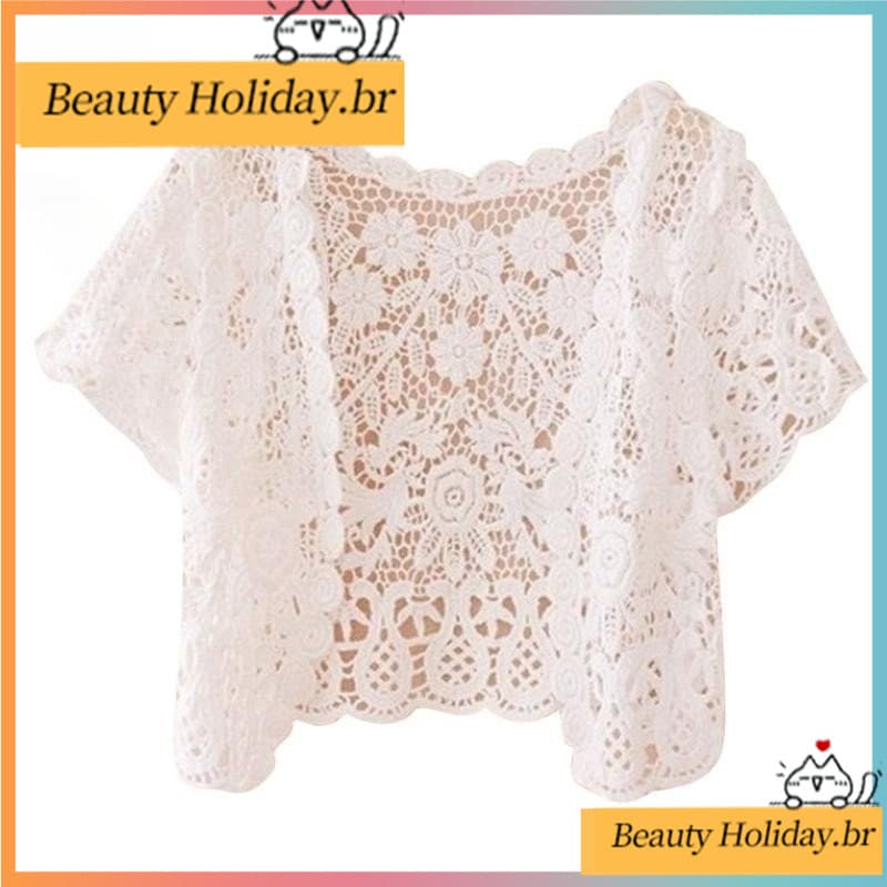 dusur9 Bolero Feminino De Renda Com Ombros Curta Crop Top Crochê Cardigã Floral