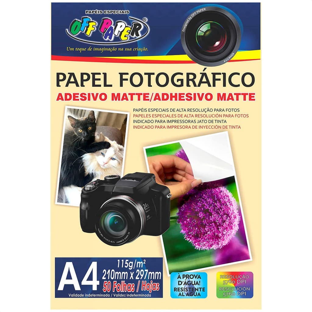 Papel Fotográfico Adesivo Fosco A4 115g Matte Branco Alta Resolução Off Paper com 50 Folhas