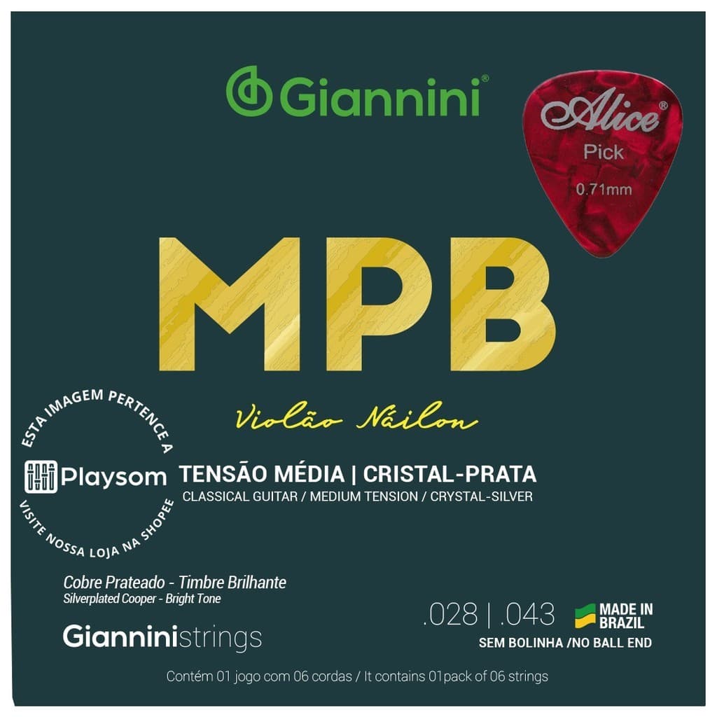 Cordas Violão Nylon Giannini MPB Tensão Média Cristal c/ Prata Encordoamento Náilon Nailon para Violão
