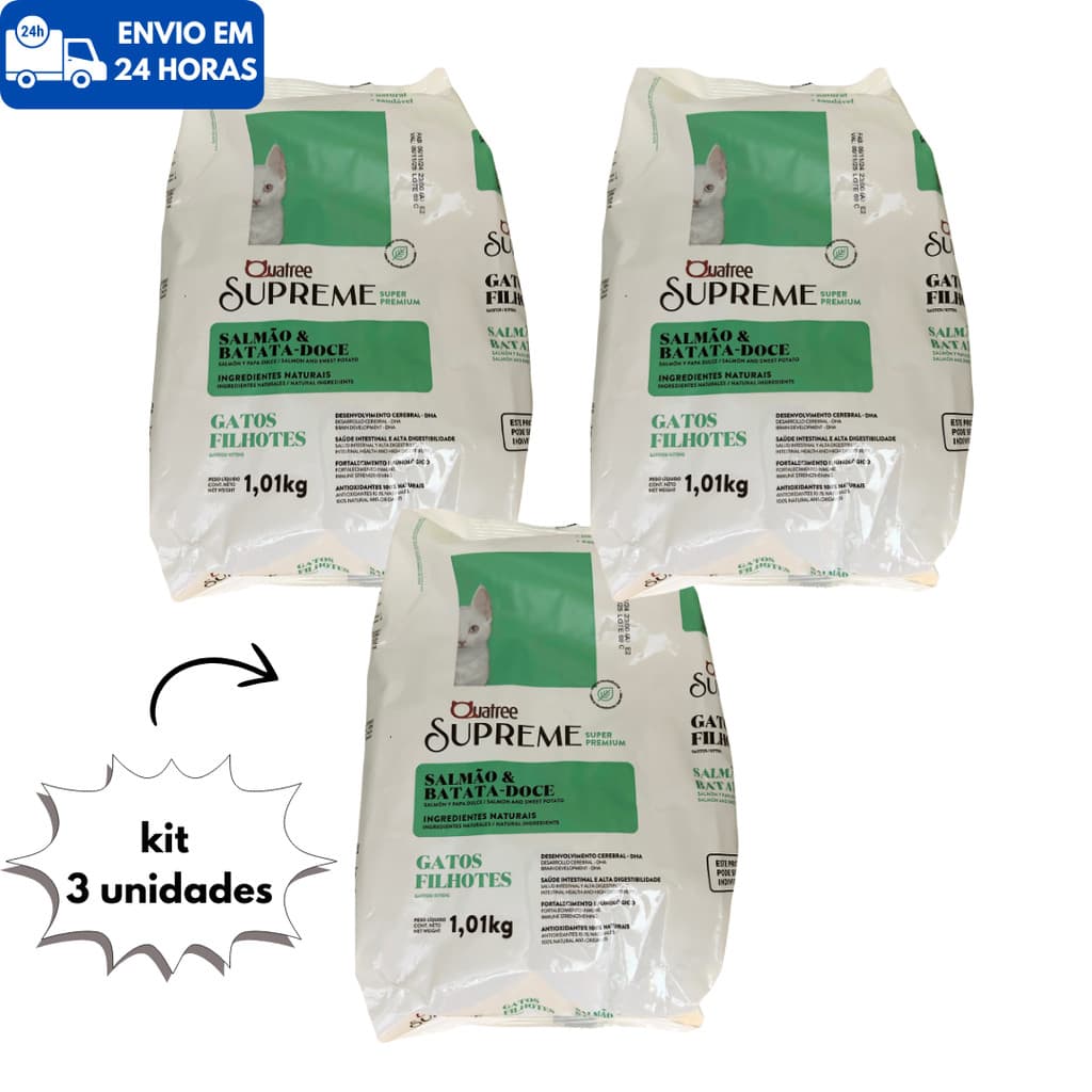 Kit Com 3 Pacotes Ração Gato Quatree Supreme Filhotes Super Premium Sem Transgênico 1kg