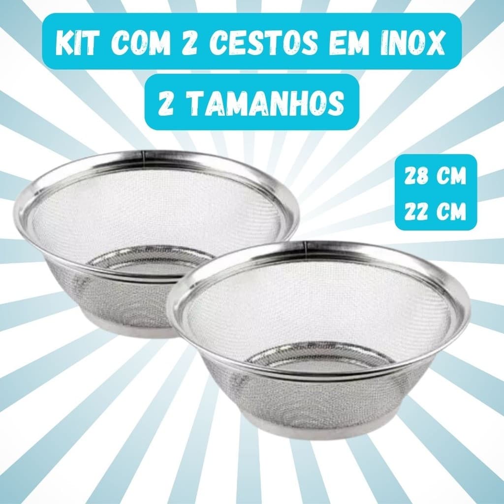 Kit de 2 Cestas Em Aço Inox Para Cozinha 22 cm e 28 cm Cesta de Frutas Escorredor de Alimentos