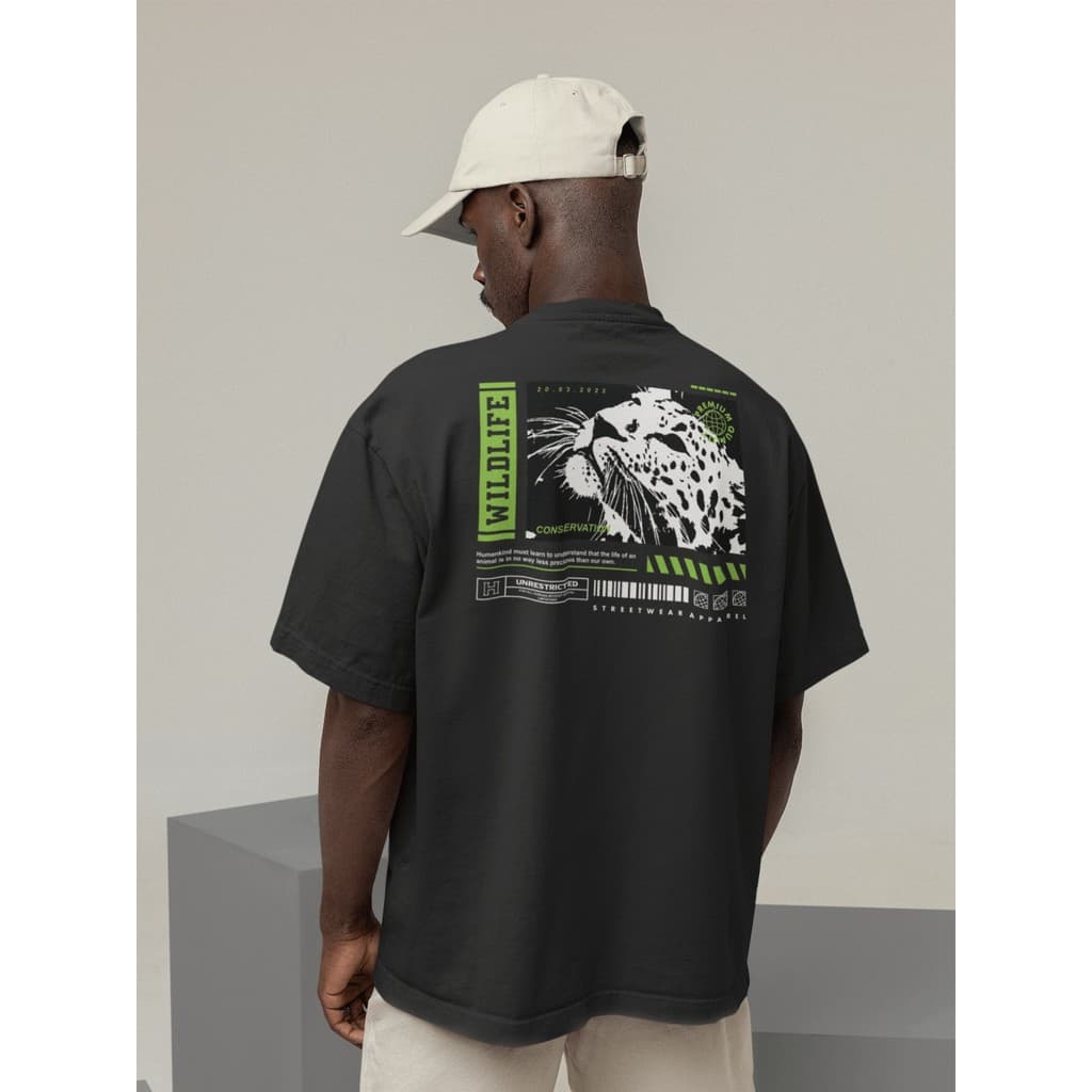 Camisa Camiseta Oversize Streetwear Masculino e Feminino Treino e Dia a Dia Preto e Off Whte Estampado - WILDLIFE