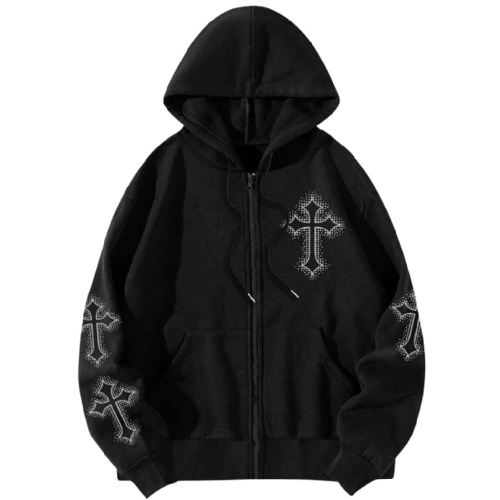 Moletom Gótico Preto com Capuz e Zíper Streetwear Unissex Visual Underground
