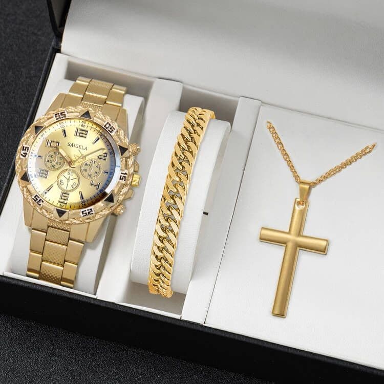 Relógio 3PCS Masculino Dourado Elegante de Quartzo com Pulseira Grossa e Colar Cruz