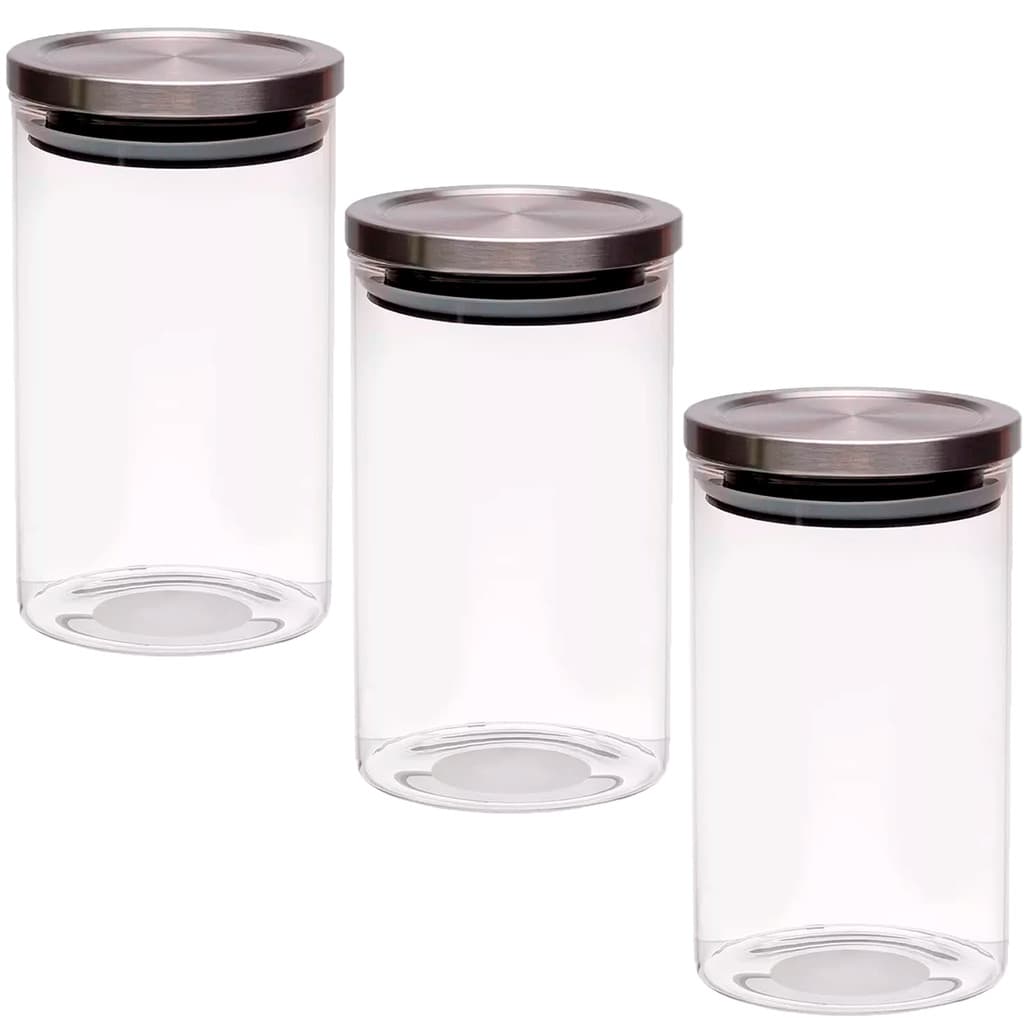 Pote Vidro Hermético 1l Redondo Tampa Inox Kit 3 Un