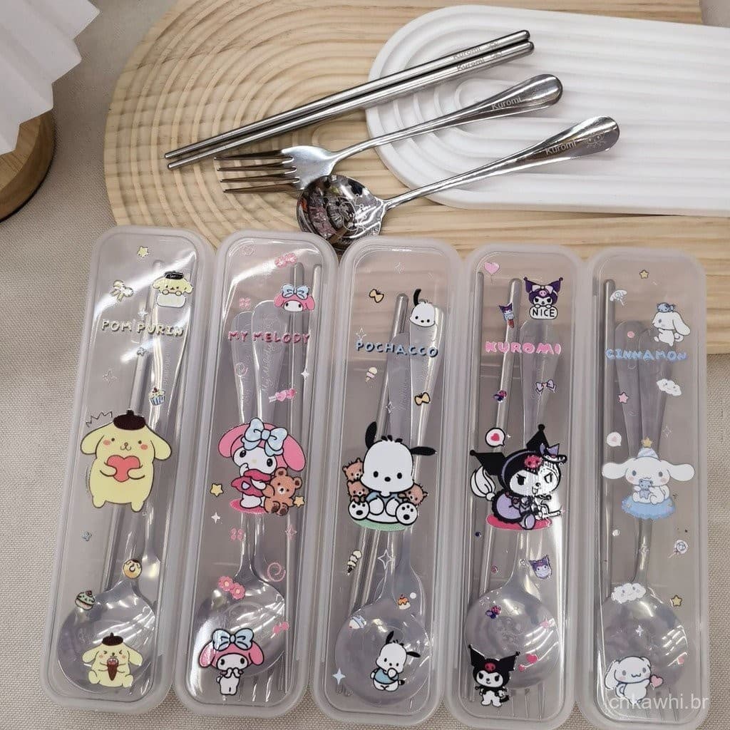 Sanrio Colher De Garfo Jogo De Talheres De Mesa Kuromi Mymelody 3Pcs/Set Desenho Animado Portáteis Para Uso Externo