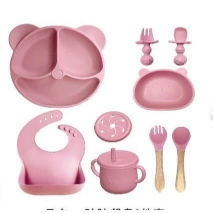 Talheres bebê silicone 9 Peças kit Talheres Infantil Com Ventosa Canudo Colher Babador Garfo