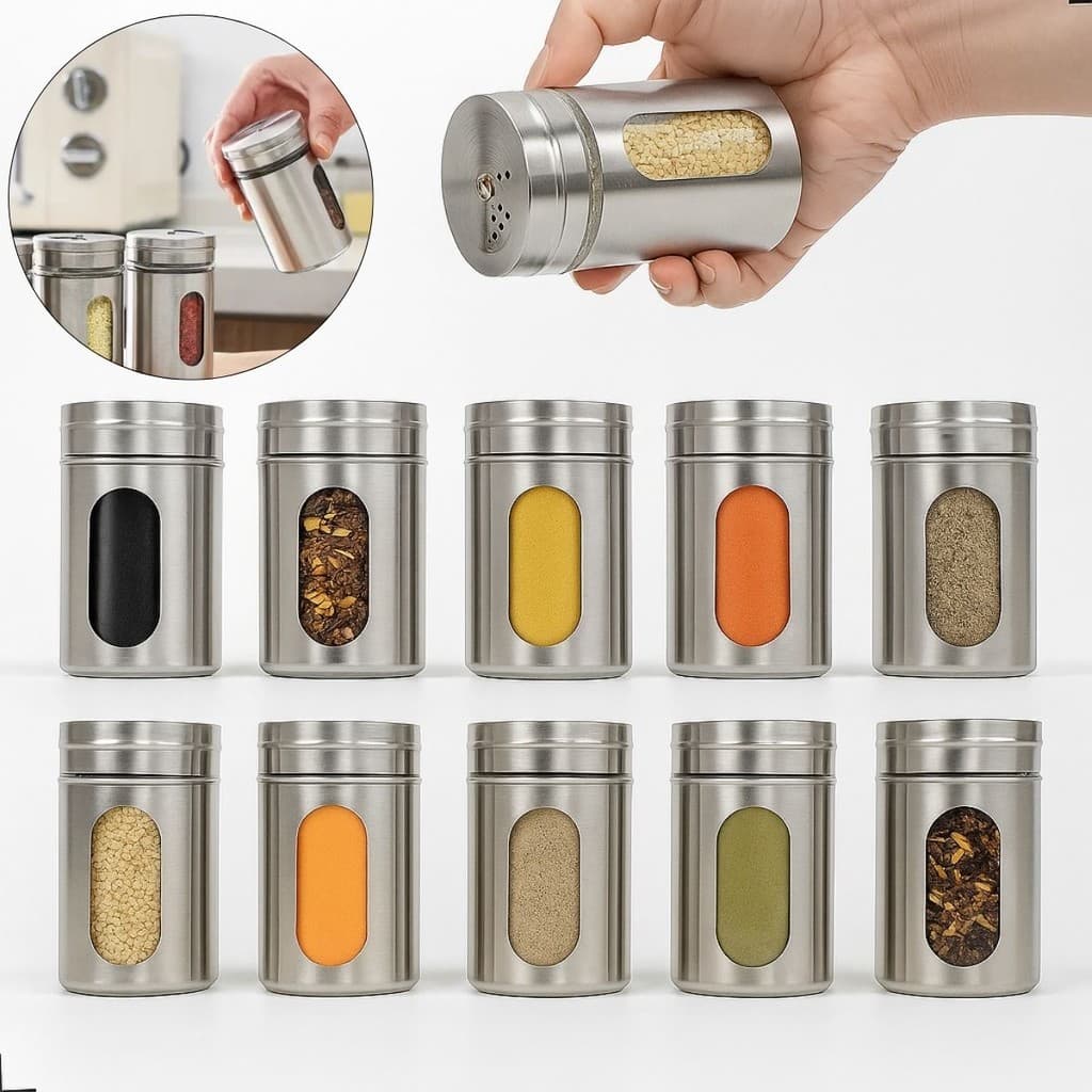 Kit Porta Temperos Saleiro Pimenteiro Condimentos Aco Inox C/ Visor Potinhos Cozinha Pequeno Hemético