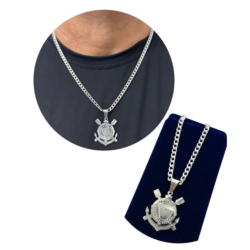 Corrente Masculina Cordão Prata Aço Inoxidável Com Pingente Corinthians Timão Qualidade Premium