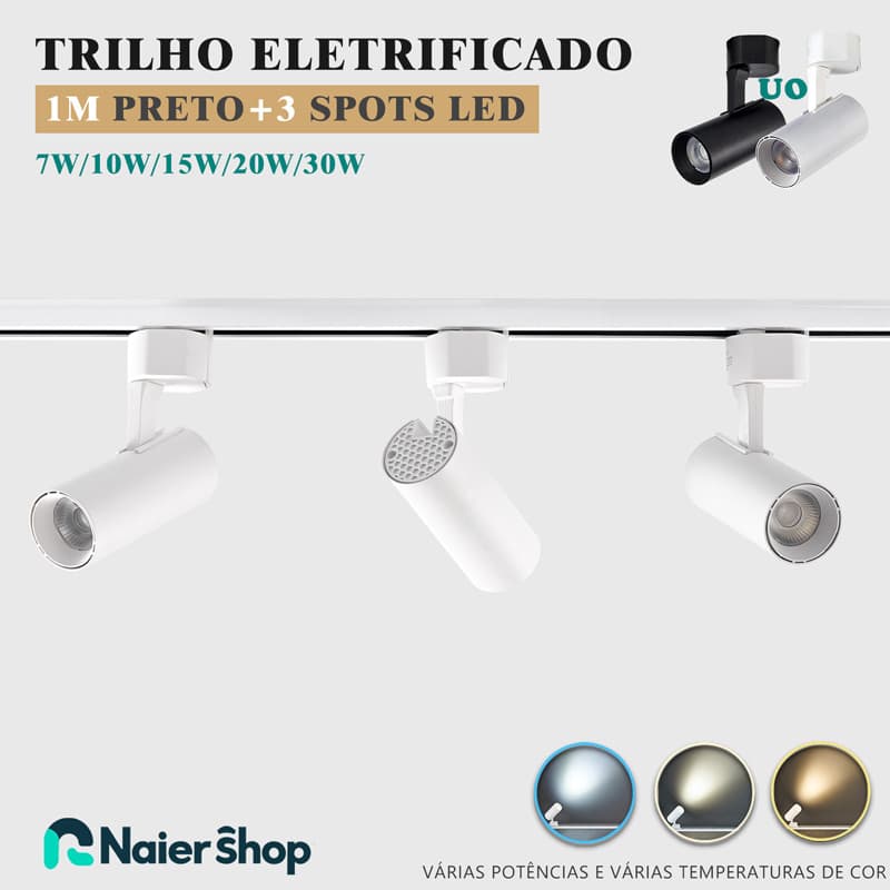 Kit Trilho Spot LED Eletrificado 1M Trilho + 3 Spots Led Cor Preto Branco Bivolt 7W 10W 15W 20W 30W