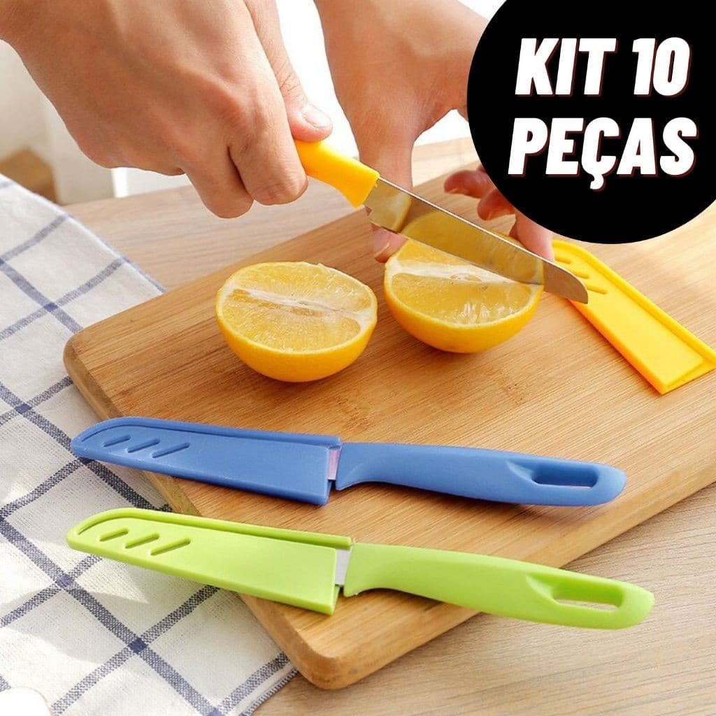Kit 10 Facas Lâmina Afiada Aço Inox Capa Protetora Pesca Viagem Camping Cozinha