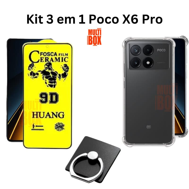 Kit Capa Transparente + Película Cerâmica Fosca + Anel Suporte para Xiaomi Poco X6 Pro