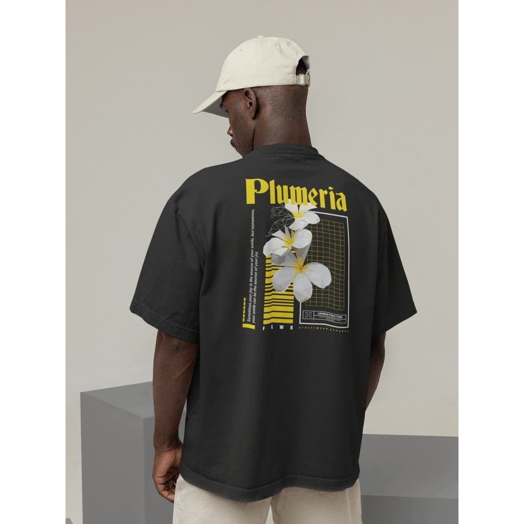 Camisa Camiseta Oversize Gola Alta Streetwear Masculino e Feminino Treino e Dia a Dia Preto e Off Whte Estampa PLUMERIA