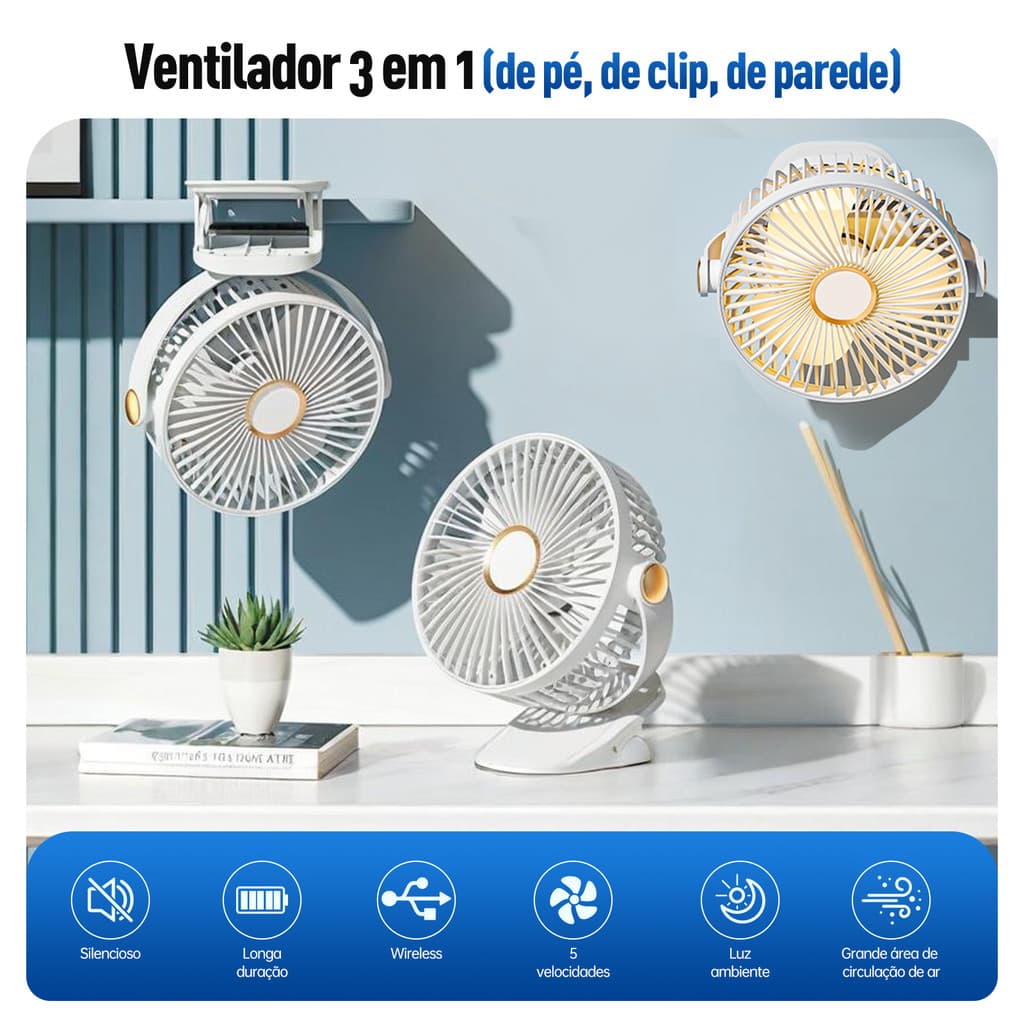 Mini Ventilador Mesa Portátil Recarregável 5 Vel Luminária LED Silencioso USB p/ Escritório Quarto Viagens Fan Premium