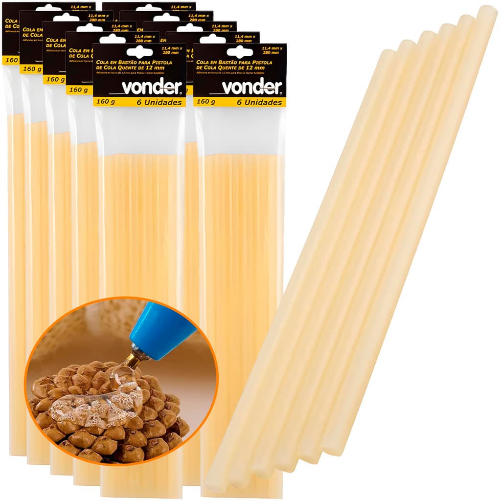 10 Pacotes Bastão Cola Quente Grossa 12mm 60 Unidade Vonder