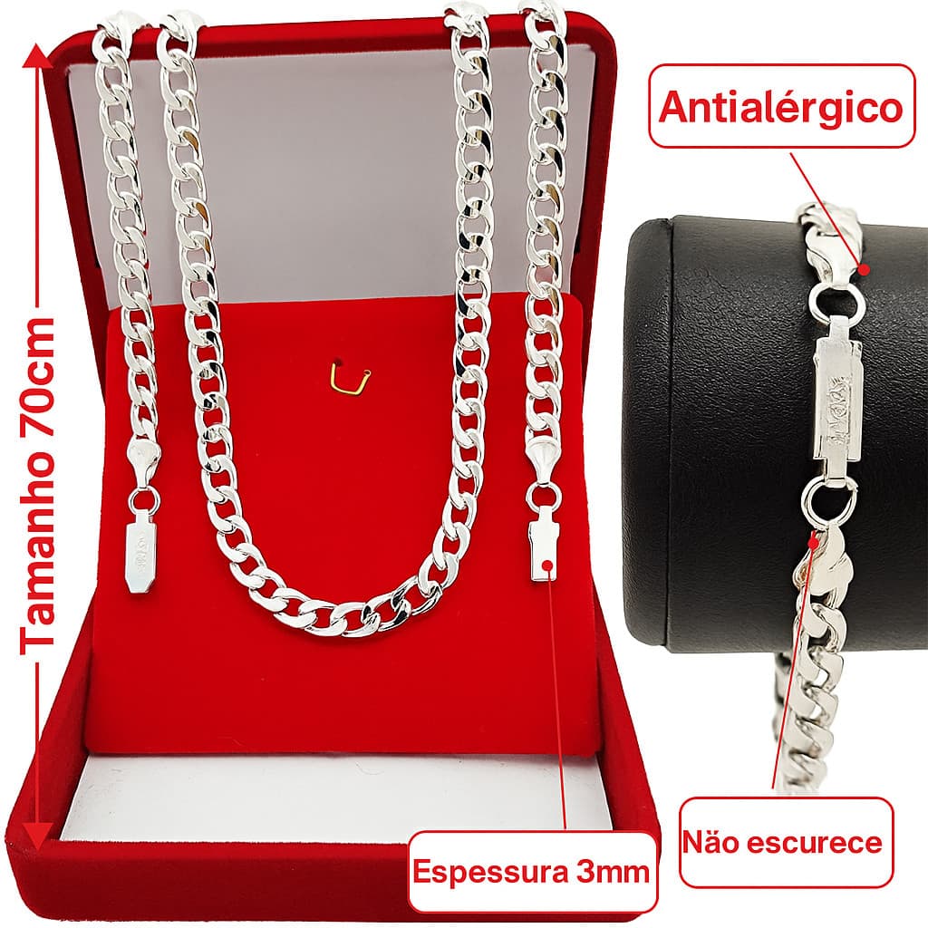 Kit Cordão Corrente de 70cm Tipo Grumet Escama Com Pulseira Grumet em Aço Inoxidável