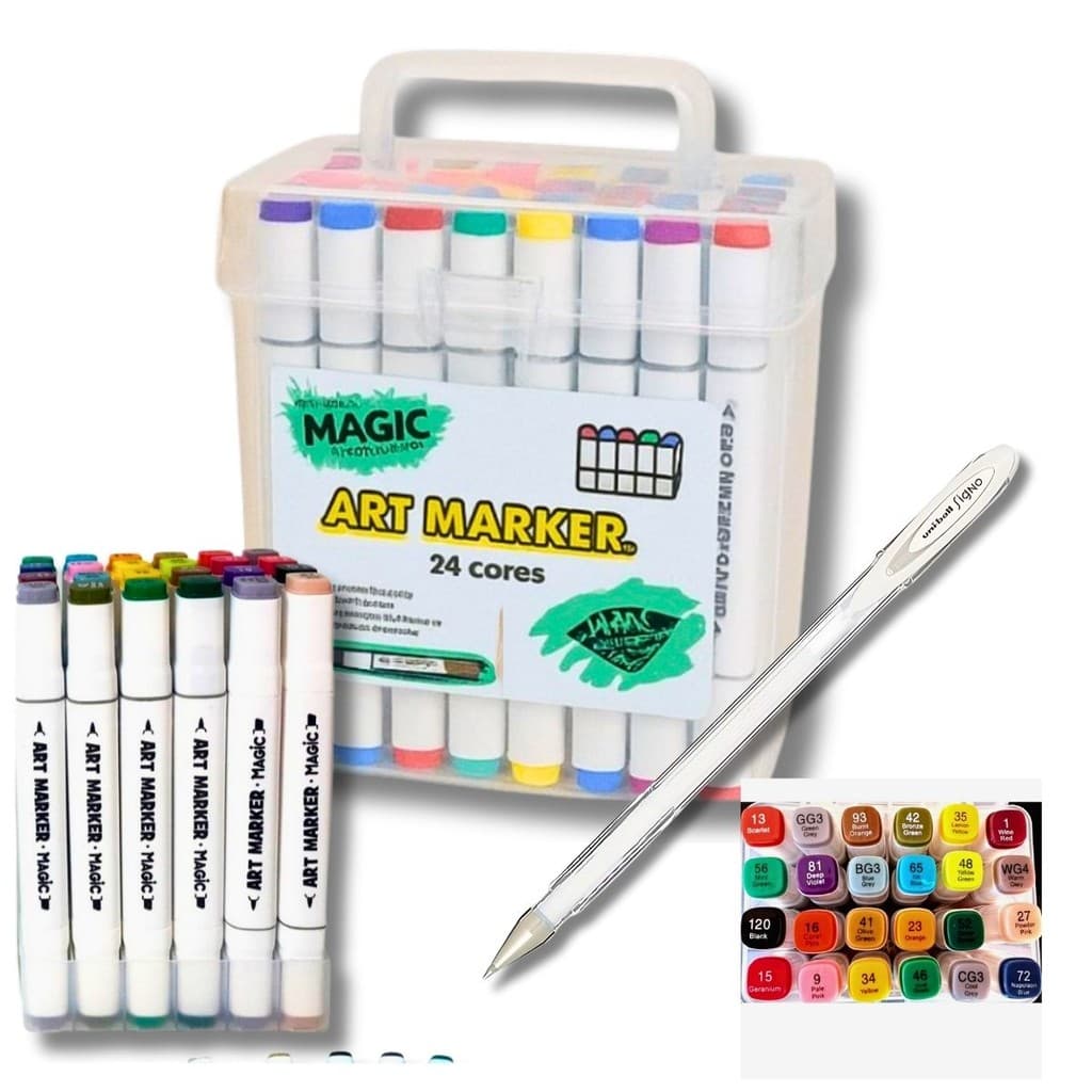 KIT CANETA TOUCH PONTA DUPLA 24 CORES C/ESTOJO MALETA MAGIC KIDS + CANETA SIGNO BRANCA