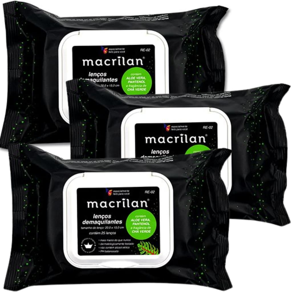 Kit 3 Pacotes Lenços Demaquilantes Macrilan RE-02 Limpa Hidrata Remove Maquiagem