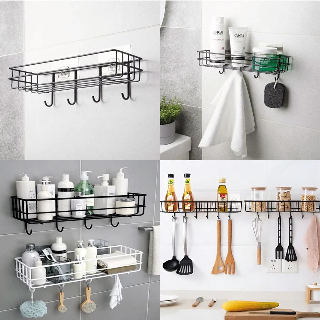 Kit 2 Prateleiras Organizadoras Adesivas Com Ganchos Porta Temperos Utensílios Cozinha Banheiro