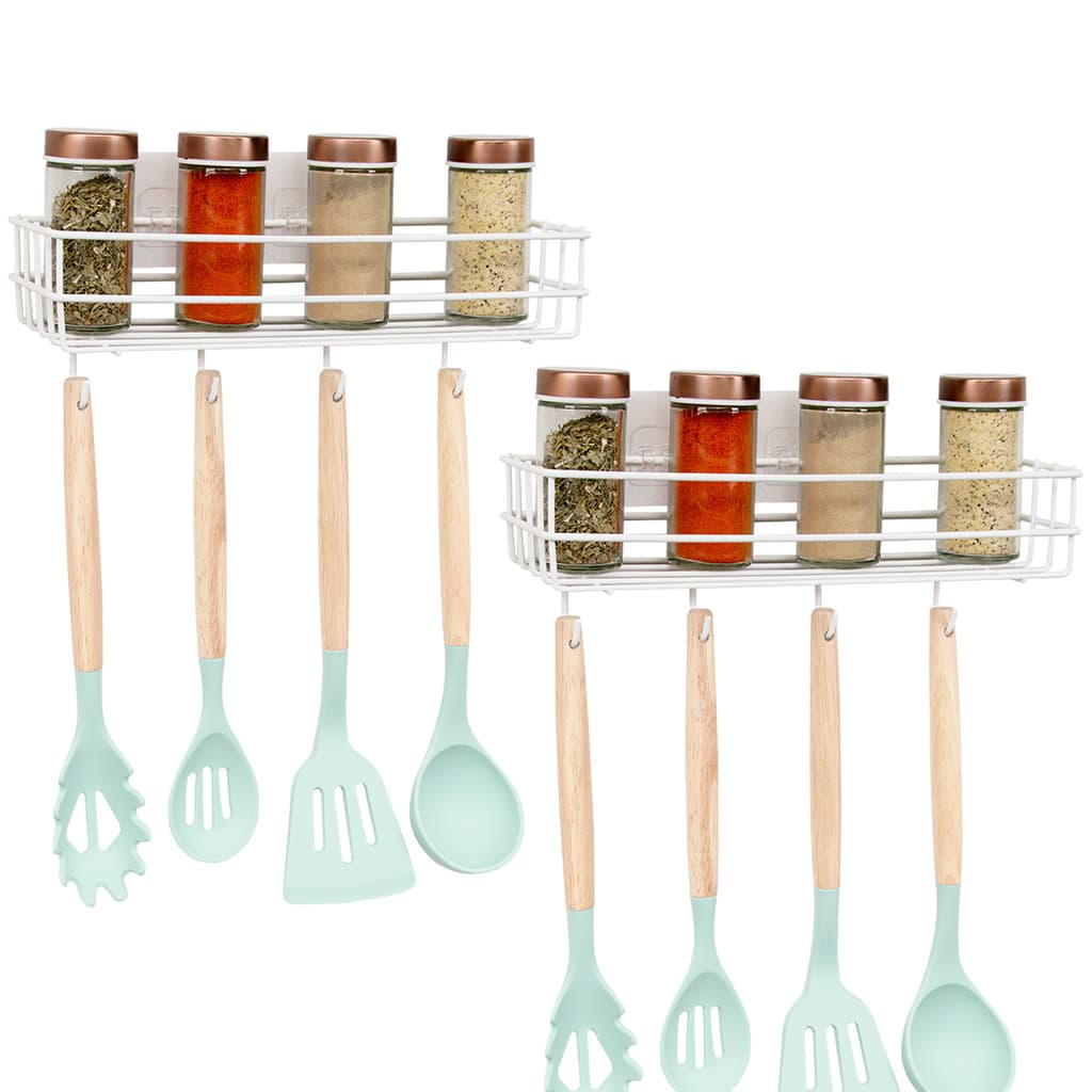 Kit 2 Prateleiras Com Gancho Aramadas Multiuso Metal Inox Porta Utensilios
